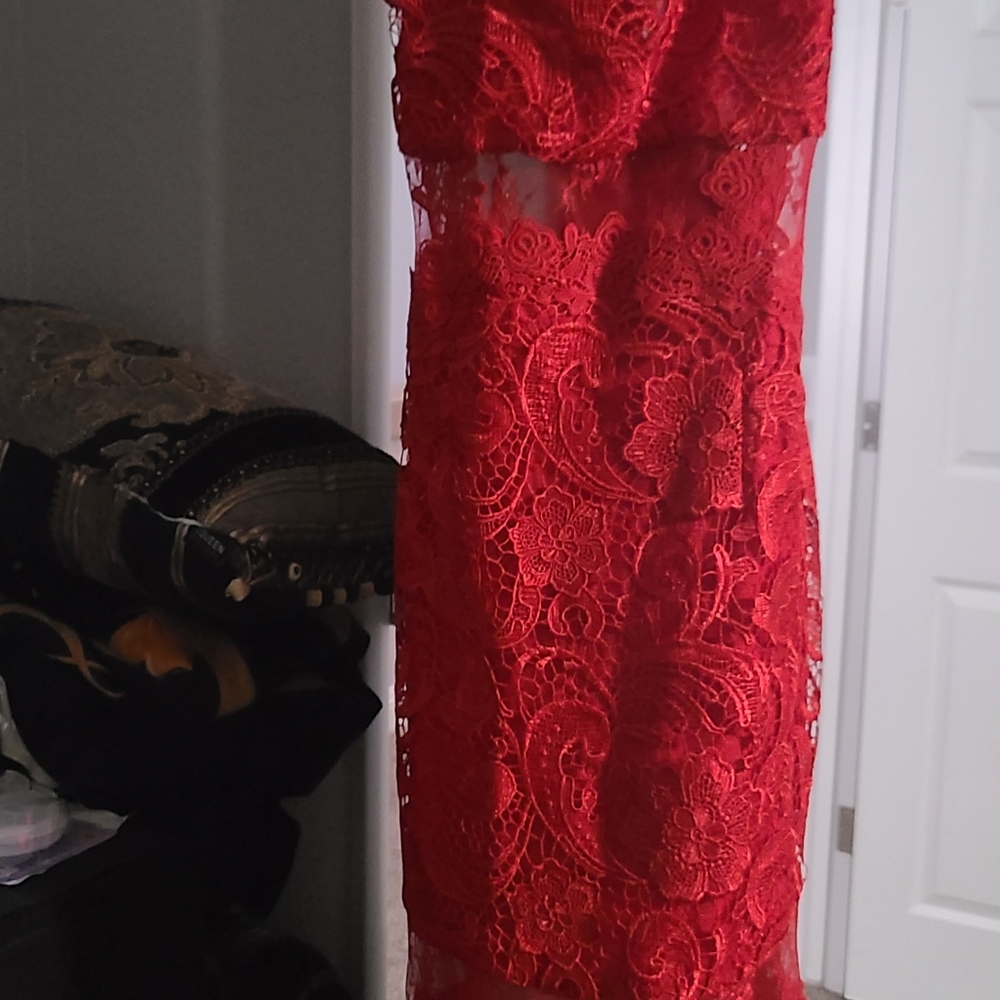Red lace crisscross back dress